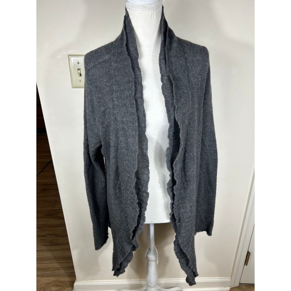 Avellini Cardigan Women L Gray 2 Ply Cashmere Ruffle Open Front‎ Draped Luxe